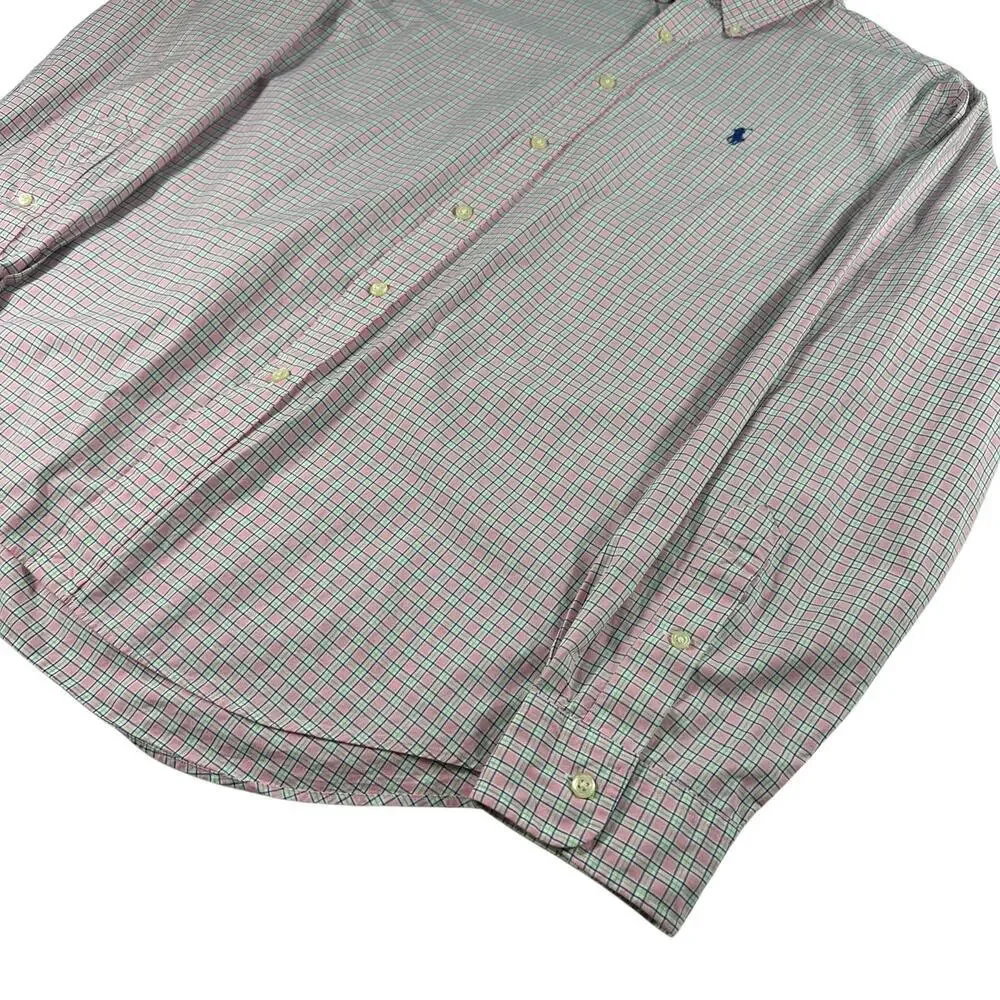 Ralph Lauren Pink Plaid Long Sleeve Button Down Collared Dress Shirt Cotton Sz L
